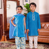 Girls Festive Electric Blue Set with Floral Farshi Salwar and Dupatta (Set of 3) + Boys Electric Blue Self Stripe Kurta with Classic White Pyjama (Set of 2)