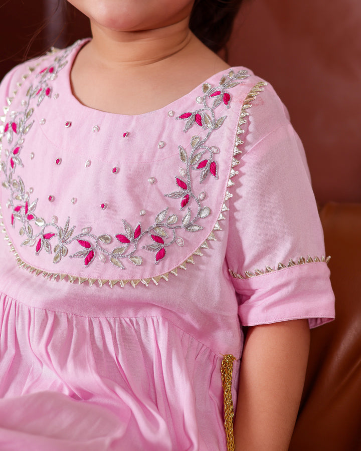 Pastel Pink Gota Patti Work Ankle Length Dress