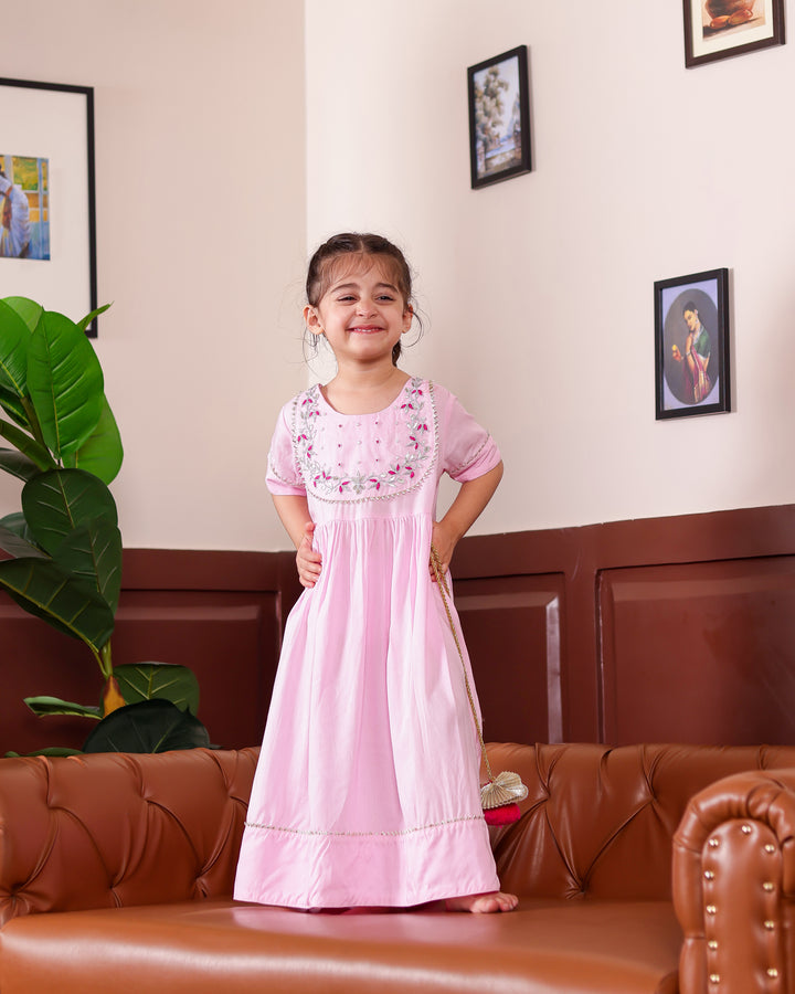 Pastel Pink Gota Patti Work Ankle Length Dress