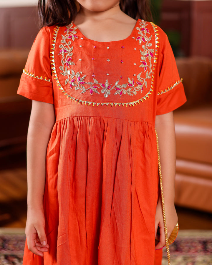 Rust Orange Gota Patti Work Ankle Length Dress