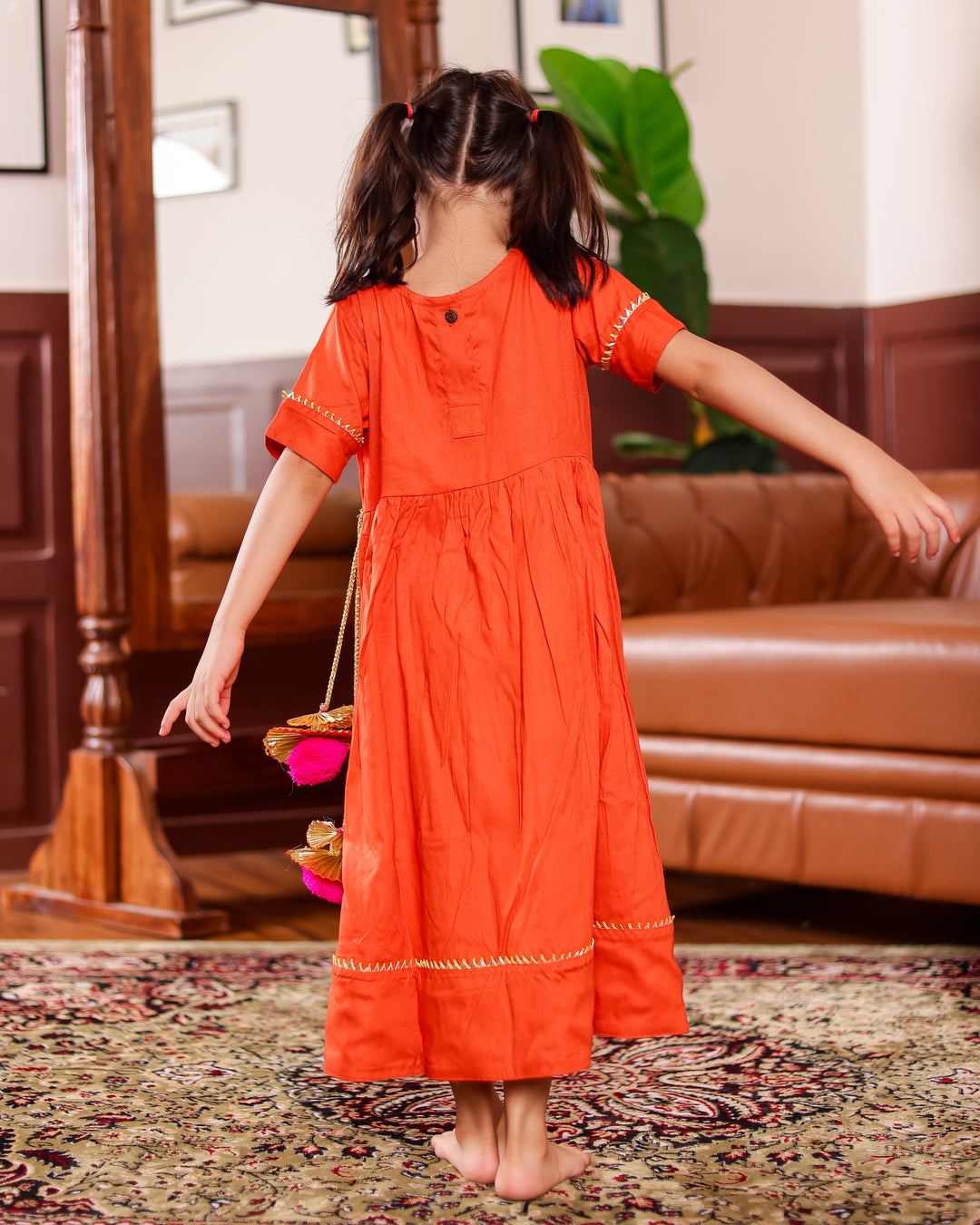 Rust Orange Gota Patti Work Ankle Length Dress