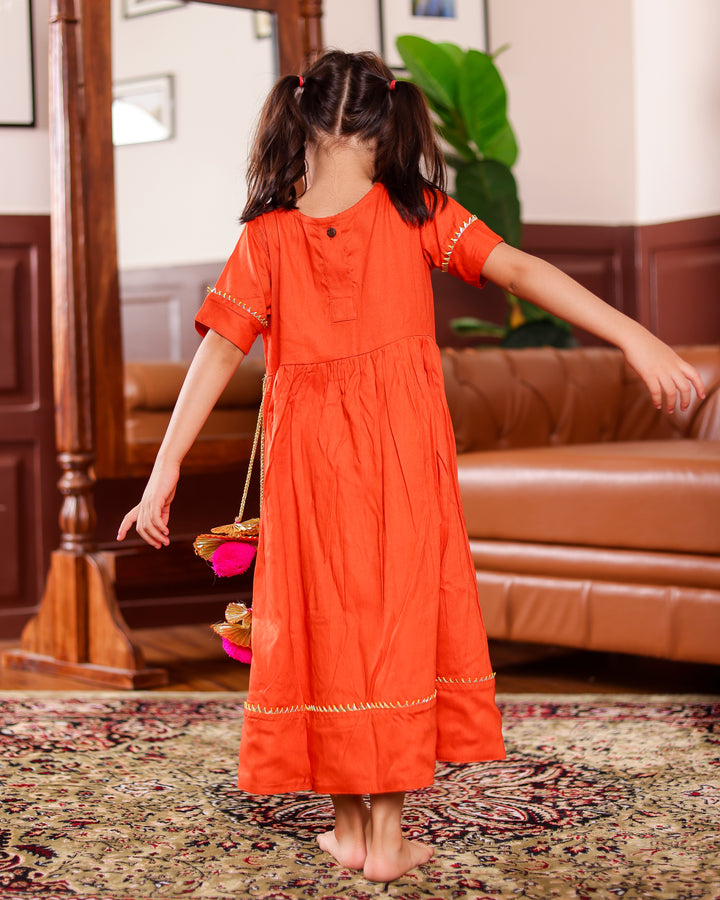 Rust Orange Gota Patti Work Ankle Length Dress