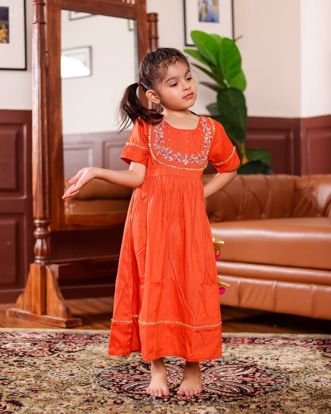 Rust Orange Gota Patti Work Ankle Length Dress