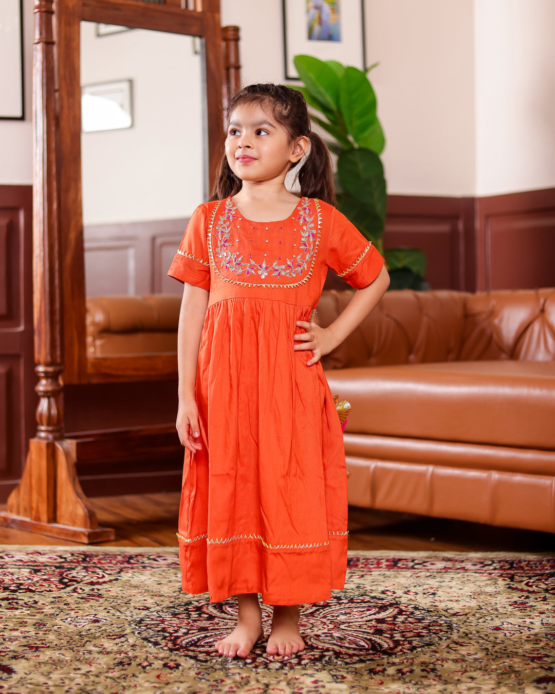 Rust Orange Gota Patti Work Ankle Length Dress