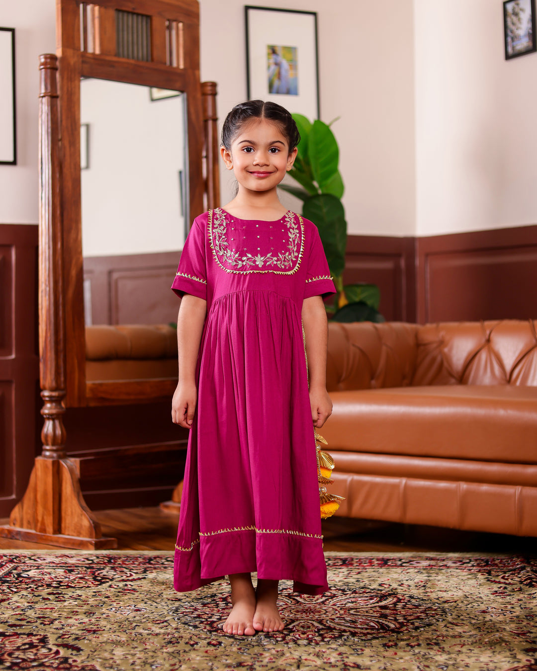 Deep Magenta Gota Patti Work Ankle Length Dress