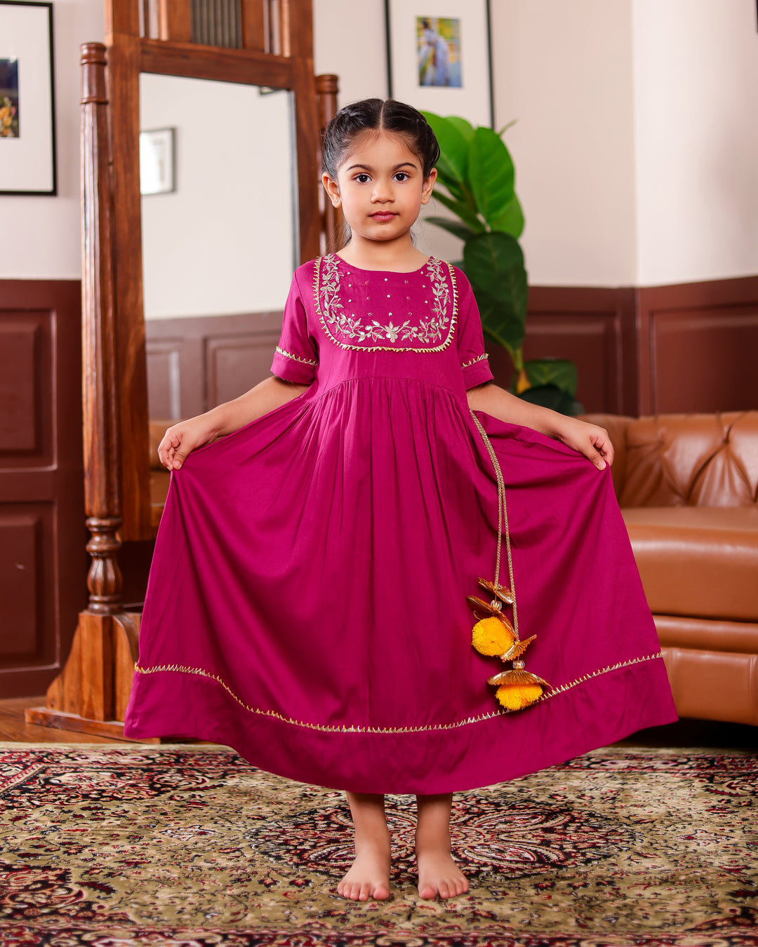 Deep Magenta Gota Patti Work Ankle Length Dress