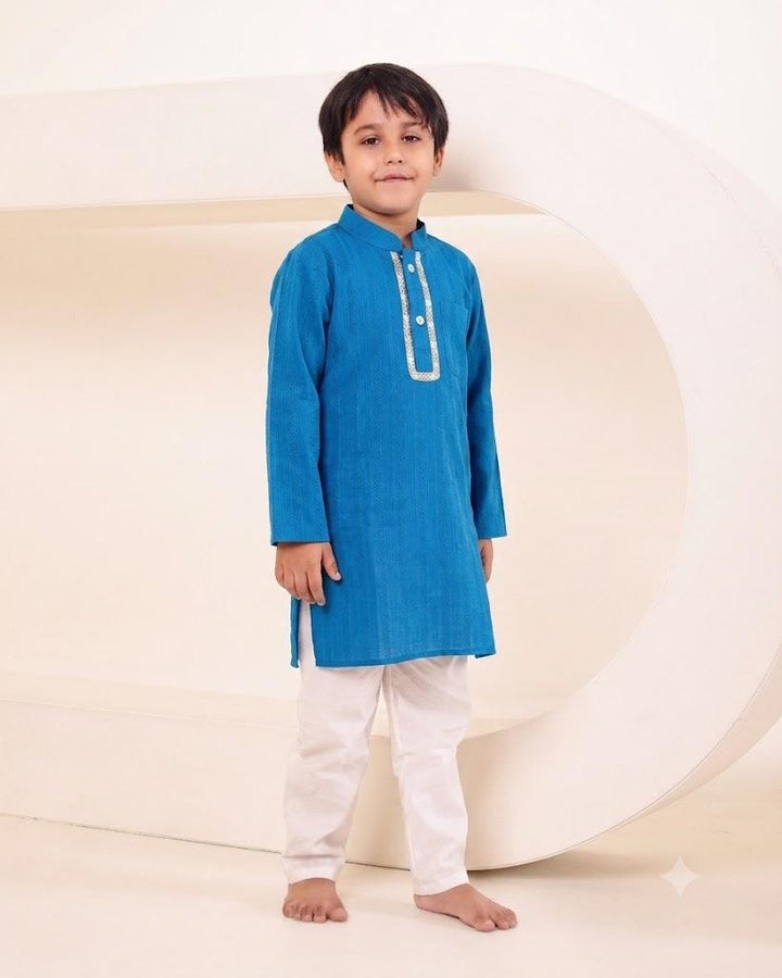 Boys Electric Blue Self Stripe Kurta with Classic White Pyjama (Set of 2)