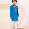 Boys Electric Blue Self Stripe Kurta with Classic White Pyjama (Set of 2)