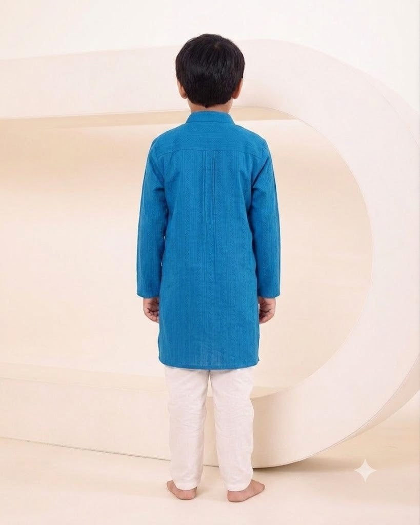 Boys Electric Blue Self Stripe Kurta with Classic White Pyjama (Set of 2)