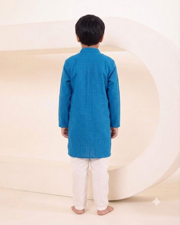Boys Electric Blue Self Stripe Kurta with Classic White Pyjama (Set of 2)
