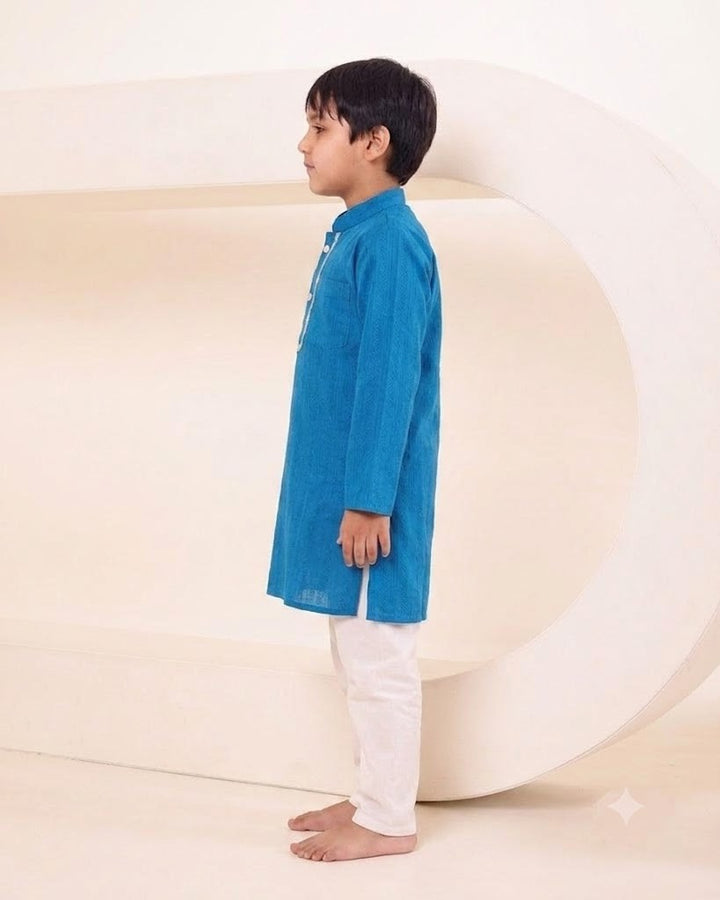Boys Electric Blue Self Stripe Kurta with Classic White Pyjama (Set of 2)