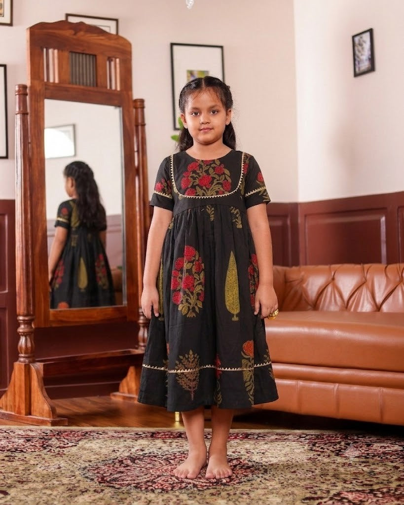 Midnight Black Floral Ankle Length Dress with Festive Gota Tassels