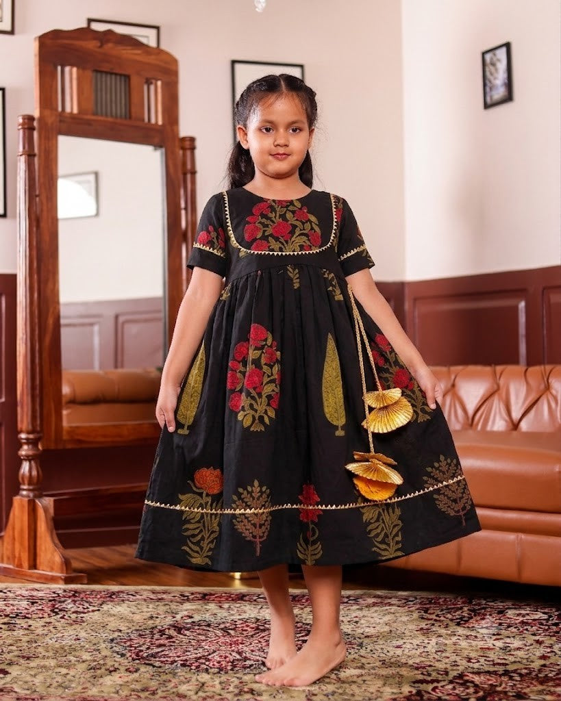 Midnight Black Floral Ankle Length Dress with Festive Gota Tassels