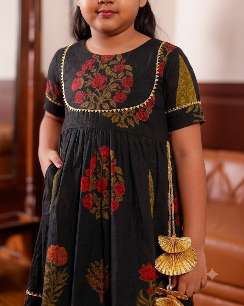 Midnight Black Floral Ankle Length Dress with Festive Gota Tassels