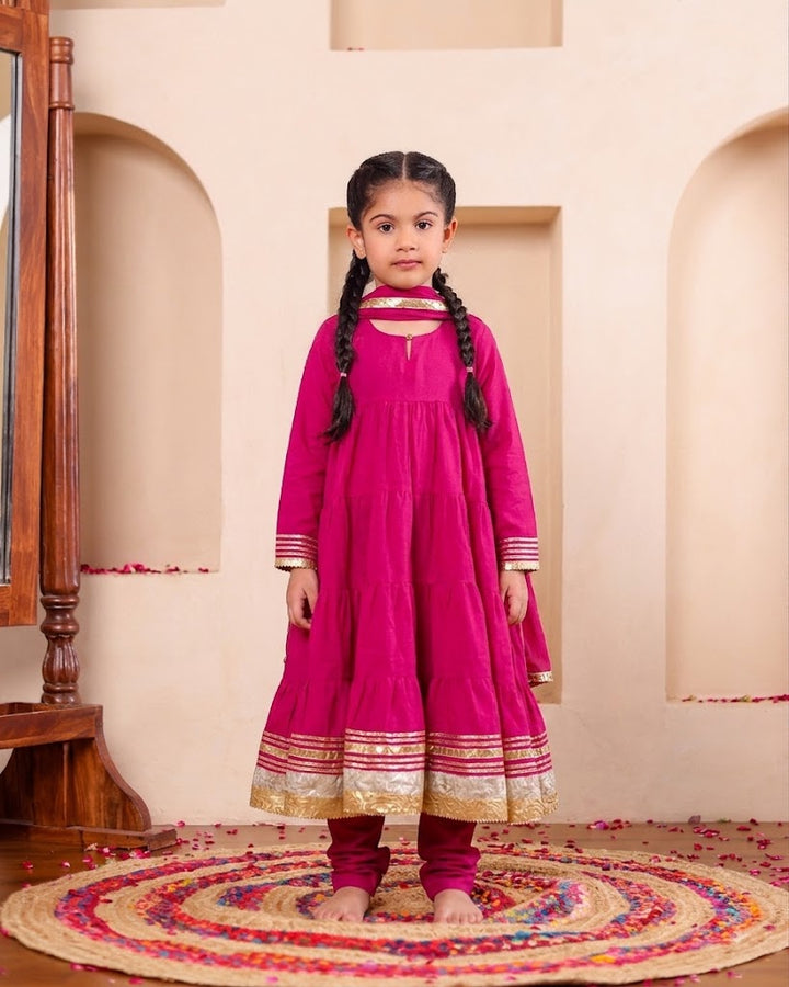 Elegant Pink Anarkali Set (Set of 3)