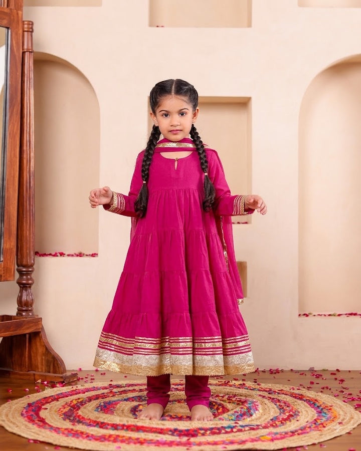 Elegant Pink Anarkali Set (Set of 3)