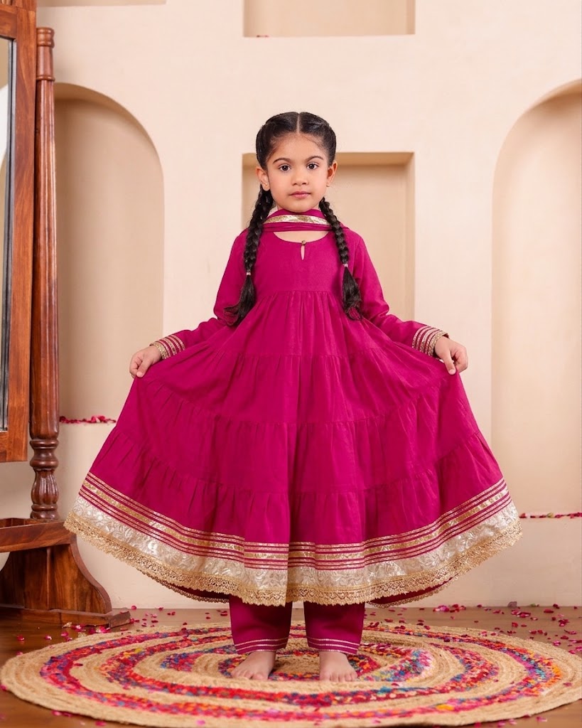 Elegant Pink Anarkali Set (Set of 3)