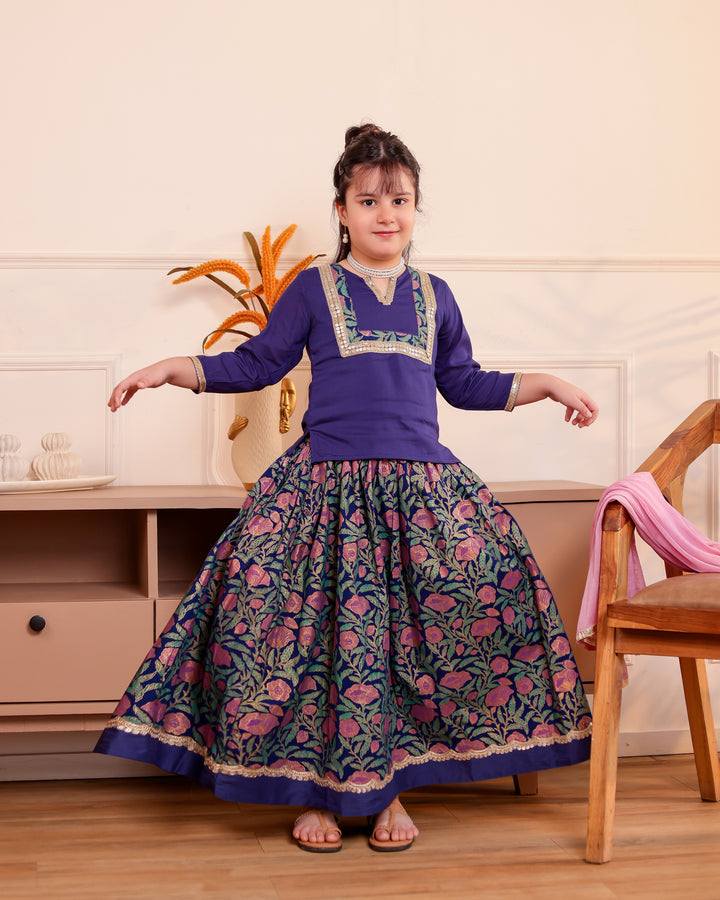Girls Royal Indigo Floral Print Kurti & Skirt with Dupatta (Set of 3)