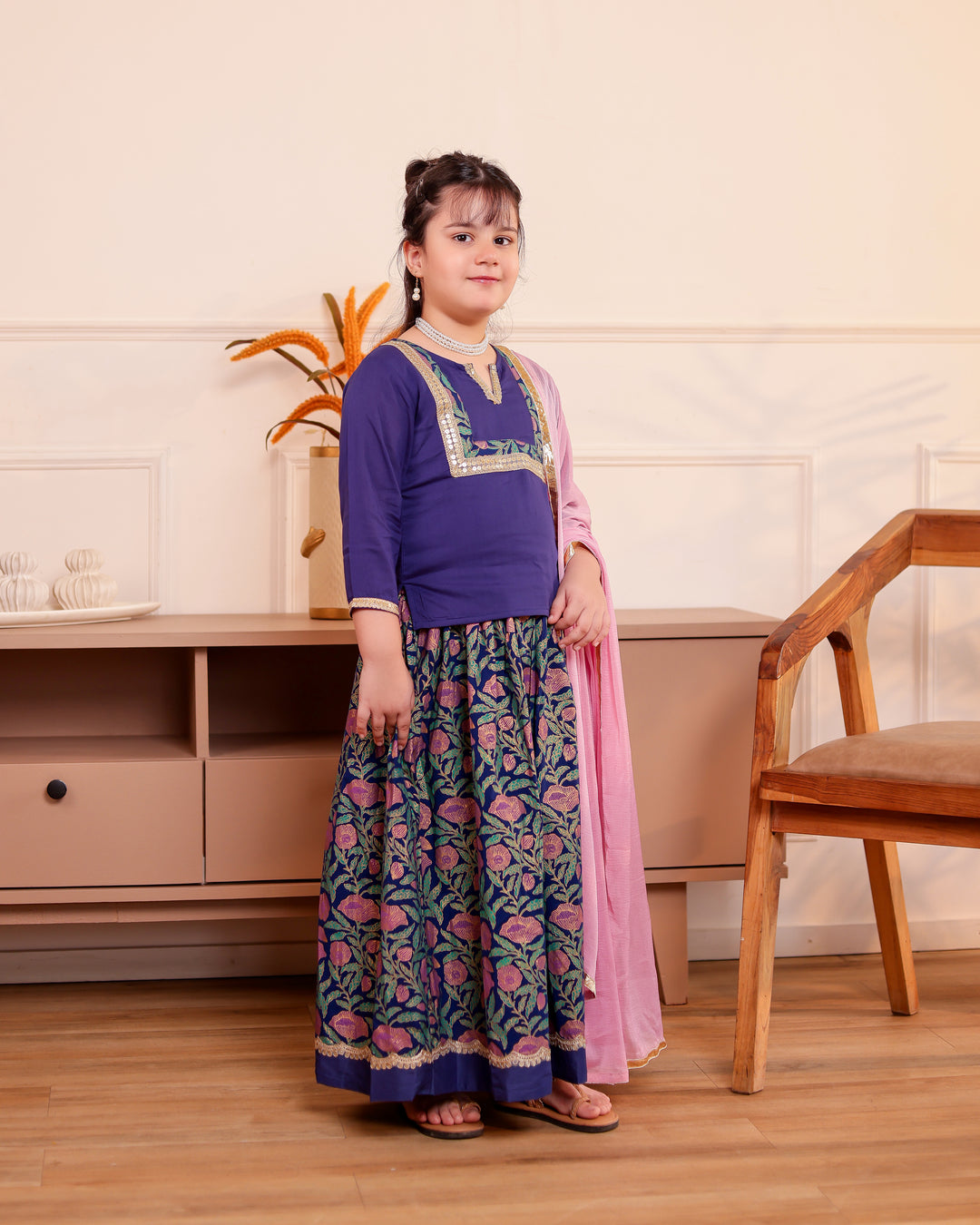 Girls Royal Indigo Floral Print Kurti & Skirt with Dupatta (Set of 3)