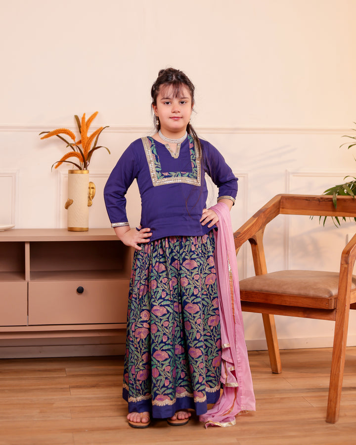 Girls Royal Indigo Floral Print Kurti & Skirt with Dupatta (Set of 3)