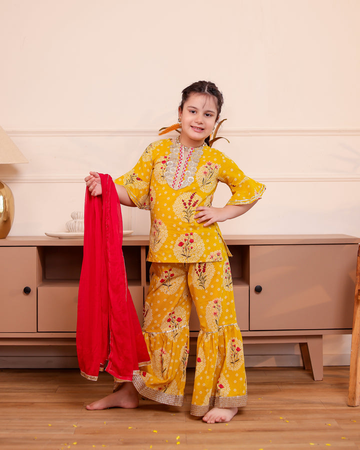 Girls Mustard Yellow Floral Printed Kurti & Sharara Set with Dupatta (Set of 3)