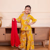 Girls Mustard Yellow Floral Printed Kurti & Sharara Set with Dupatta (Set of 3)