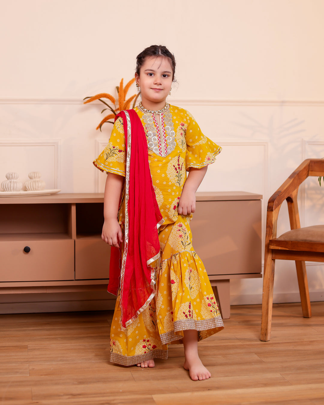 Girls Mustard Yellow Floral Printed Kurti & Sharara Set with Dupatta (Set of 3)