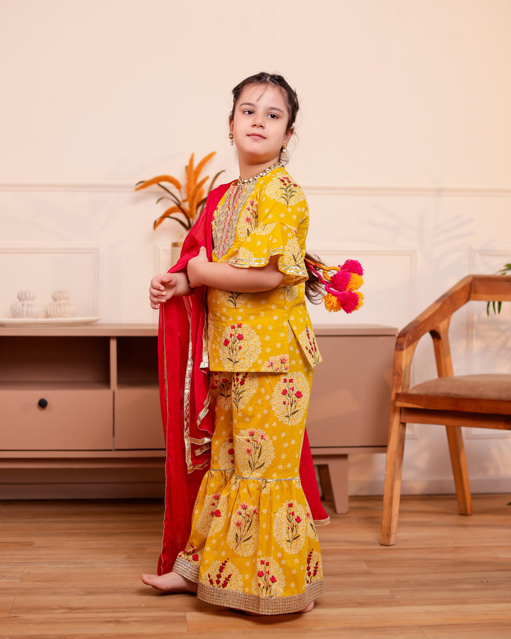 Girls Mustard Yellow Floral Printed Kurti & Sharara Set with Dupatta (Set of 3)