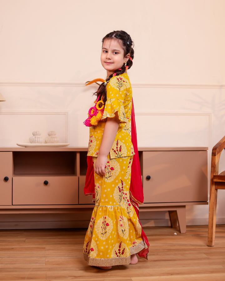 Girls Mustard Yellow Floral Printed Kurti & Sharara Set with Dupatta (Set of 3)