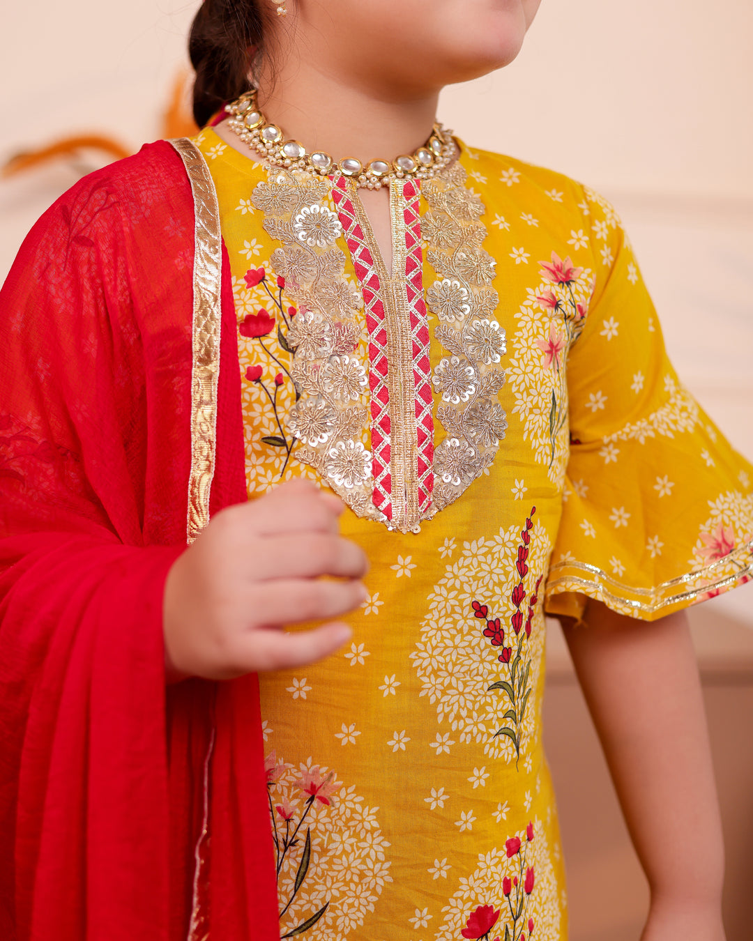 Girls Mustard Yellow Floral Printed Kurti & Sharara Set with Dupatta (Set of 3)