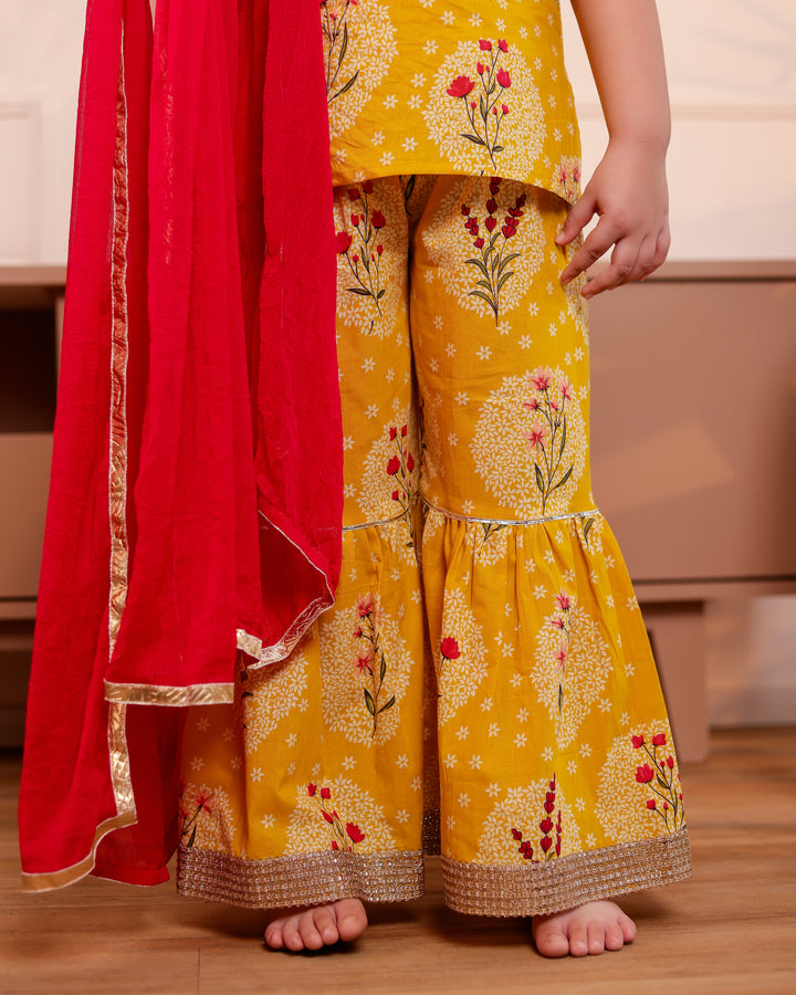 Girls Mustard Yellow Floral Printed Kurti & Sharara Set with Dupatta (Set of 3)