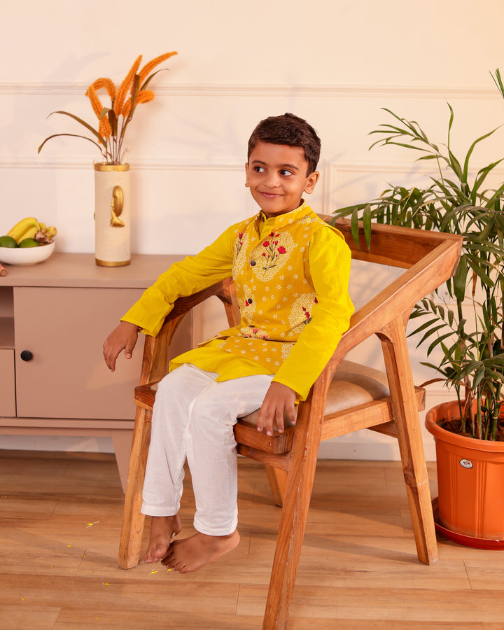 Boys Mustard Yellow Printed Jacket with Kurta and Pajama Set (Set of 3)
