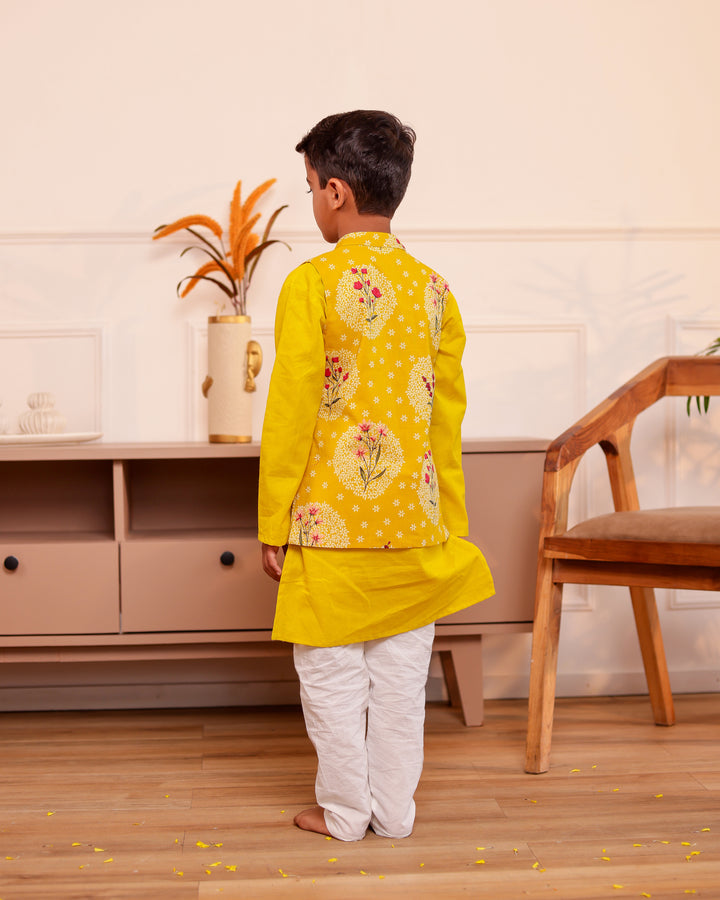Boys Mustard Yellow Printed Jacket with Kurta and Pajama Set (Set of 3)