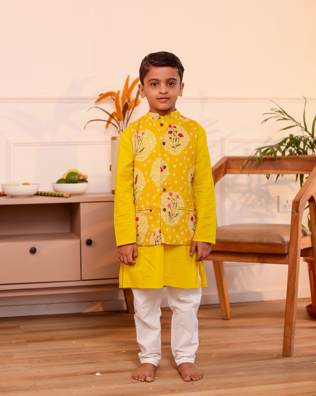 Boys Mustard Yellow Printed Jacket with Kurta and Pajama Set (Set of 3)