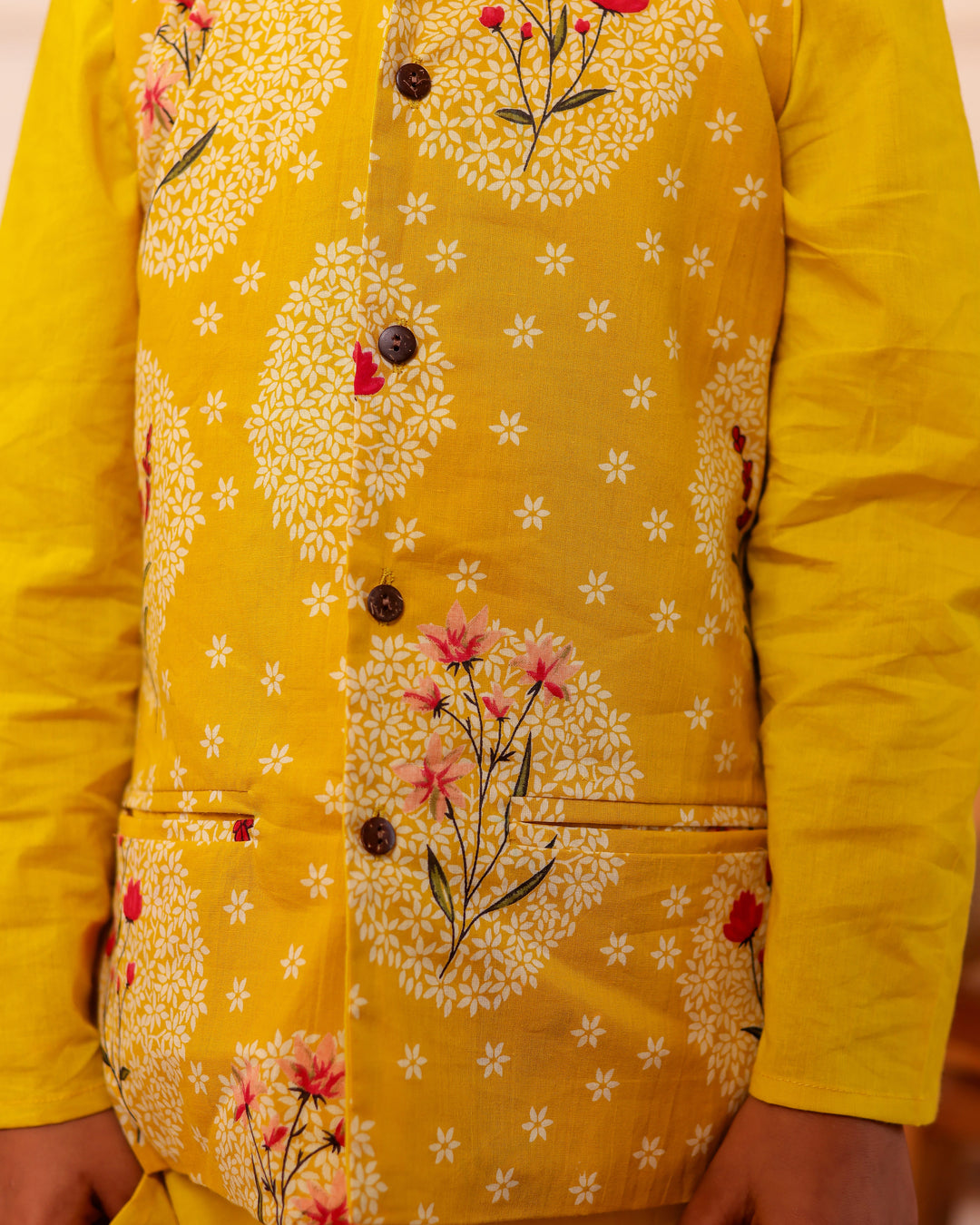 Boys Mustard Yellow Printed Jacket with Kurta and Pajama Set (Set of 3)