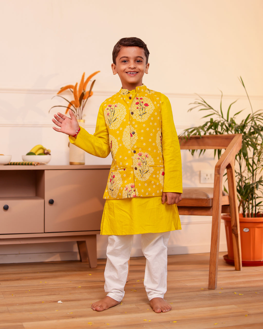 Boys Mustard Yellow Printed Jacket with Kurta and Pajama Set (Set of 3)