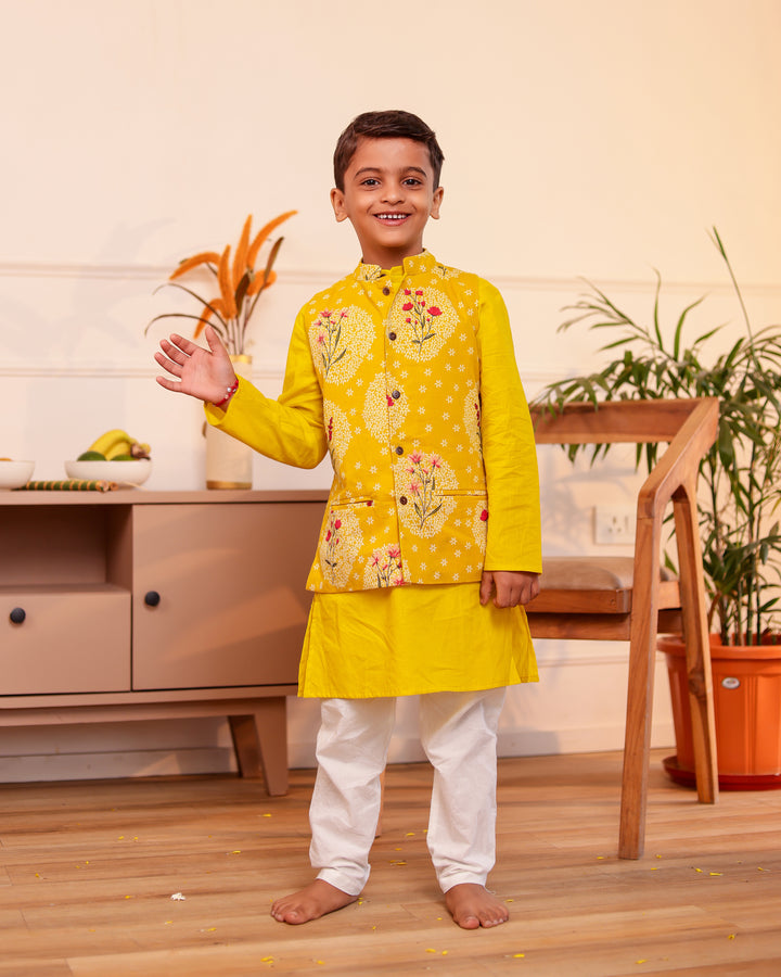 Boys Mustard Yellow Printed Jacket with Kurta and Pajama Set (Set of 3)