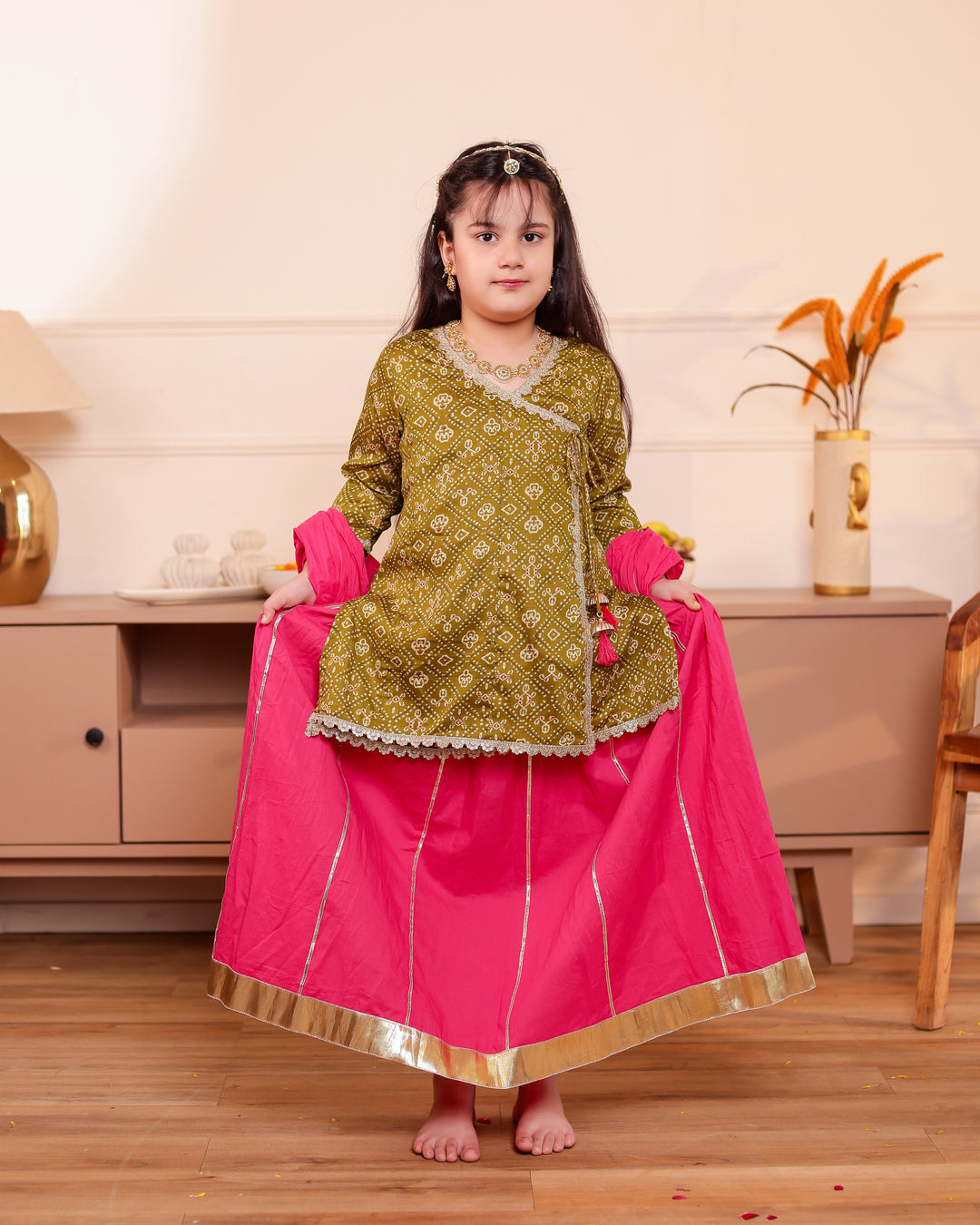 Girls Muslin Mehendi Green Bandhani Angrakha Kurti & Rani Pink Skirt Set with Dupatta (Set of 3)
