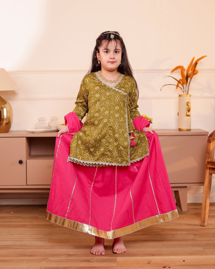 Girls Muslin Mehendi Green Bandhani Angrakha Kurti & Rani Pink Skirt Set with Dupatta (Set of 3)