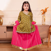 Girls Muslin Mehendi Green Bandhani Angrakha Kurti & Rani Pink Skirt Set with Dupatta (Set of 3)
