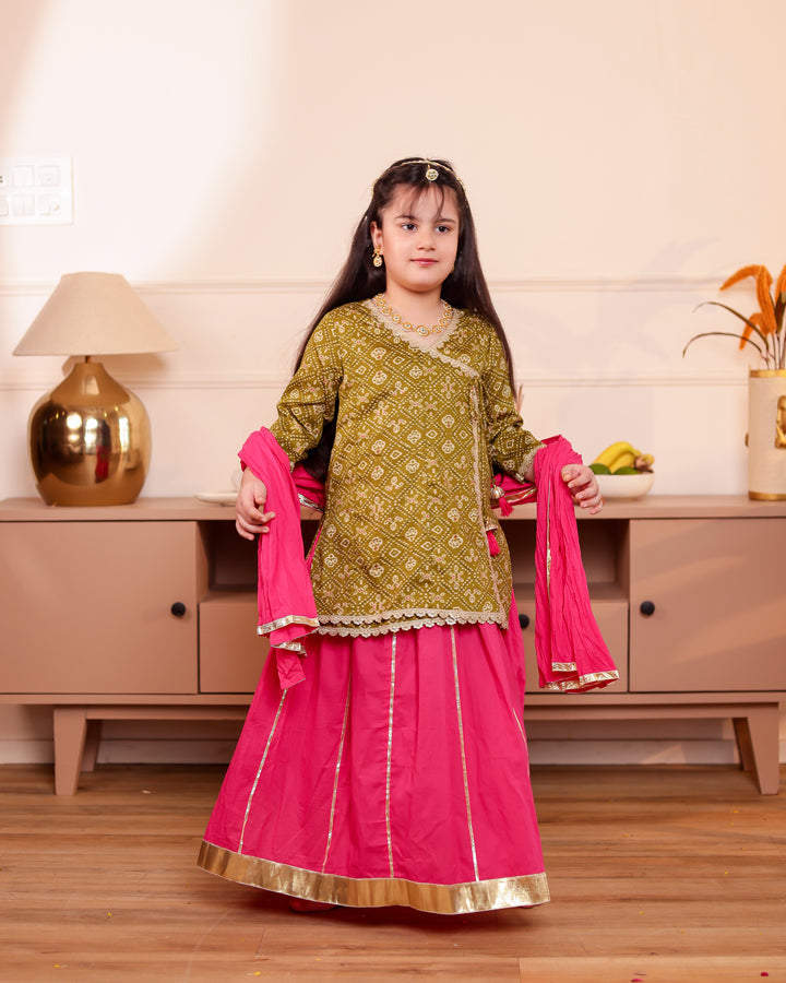 Girls Muslin Mehendi Green Bandhani Angrakha Kurti & Rani Pink Skirt Set with Dupatta (Set of 3)