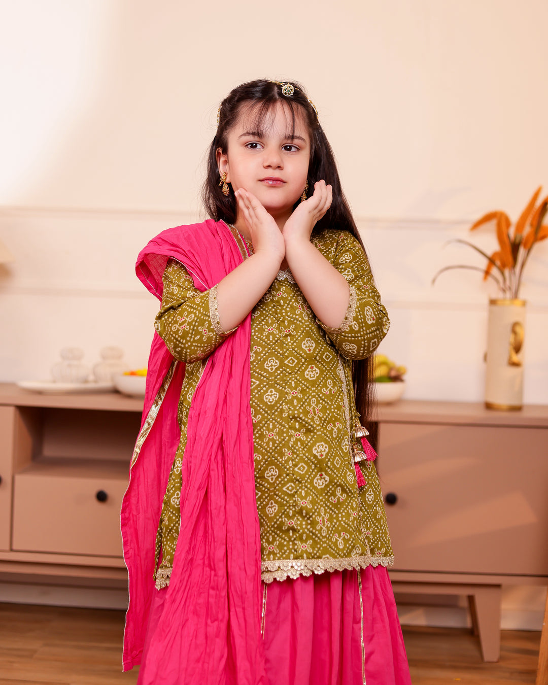 Girls Muslin Mehendi Green Bandhani Angrakha Kurti & Rani Pink Skirt Set with Dupatta (Set of 3)