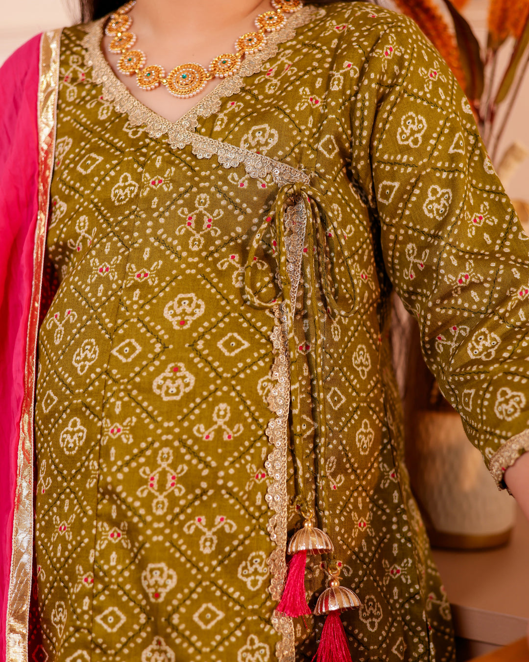 Girls Muslin Mehendi Green Bandhani Angrakha Kurti & Rani Pink Skirt Set with Dupatta (Set of 3)