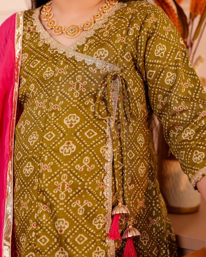Girls Muslin Mehendi Green Bandhani Angrakha Kurti & Rani Pink Skirt Set with Dupatta (Set of 3)