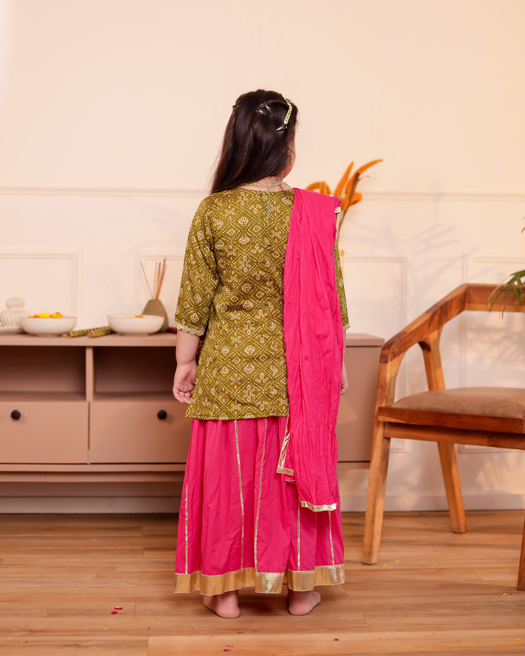 Girls Muslin Mehendi Green Bandhani Angrakha Kurti & Rani Pink Skirt Set with Dupatta (Set of 3)
