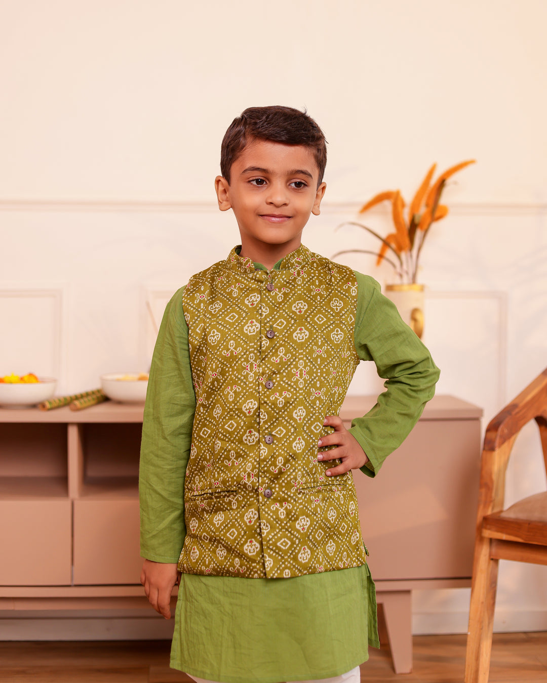 Kids Muslin Mehendi Green Bandhani Jacket & Kurta Pajama 3-Piece Festive Set