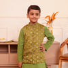 Kids Muslin Mehendi Green Bandhani Jacket & Kurta Pajama 3-Piece Festive Set
