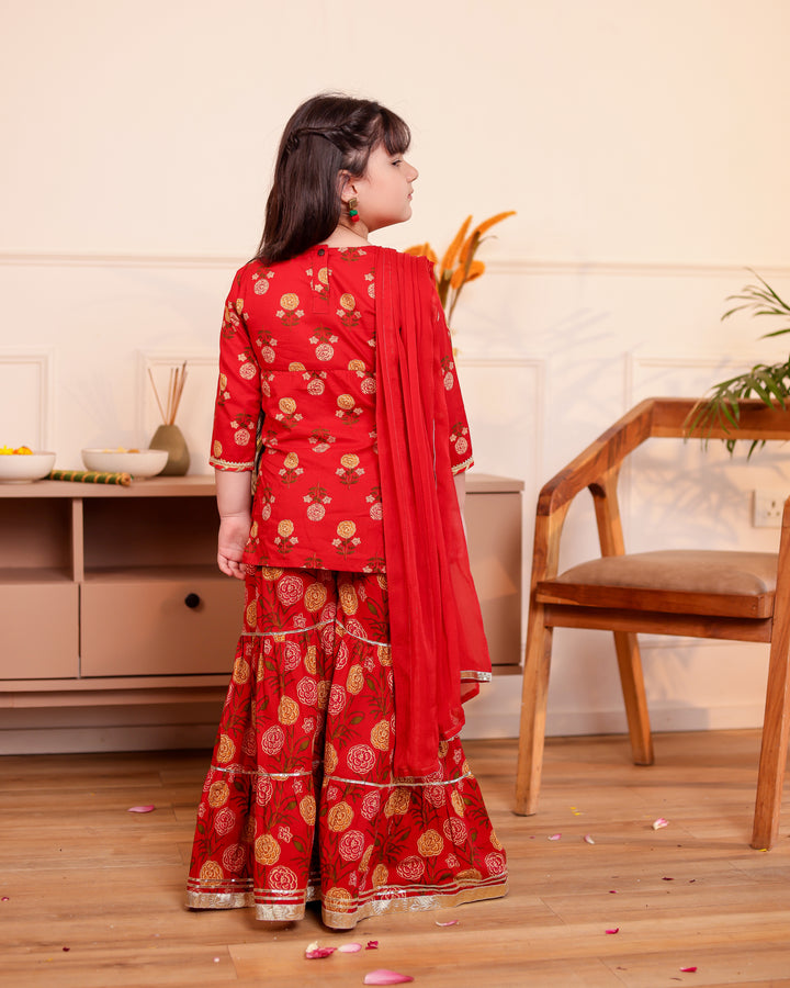 Girls Red Floral Printed Front-Slit Kurti & Tiered Sharara Set with Dupatta (Set of 3)