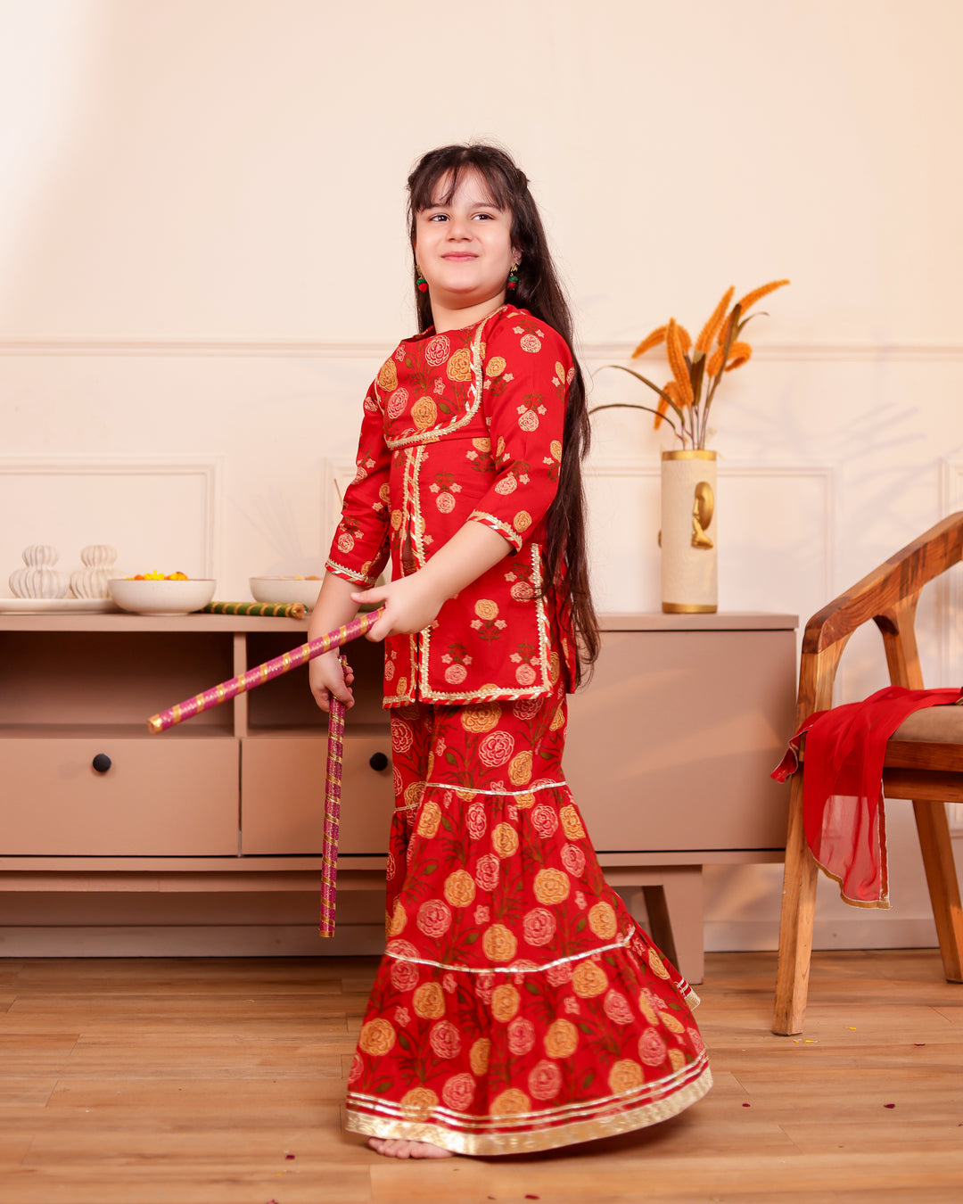 Girls Red Floral Printed Front-Slit Kurti & Tiered Sharara Set with Dupatta (Set of 3)
