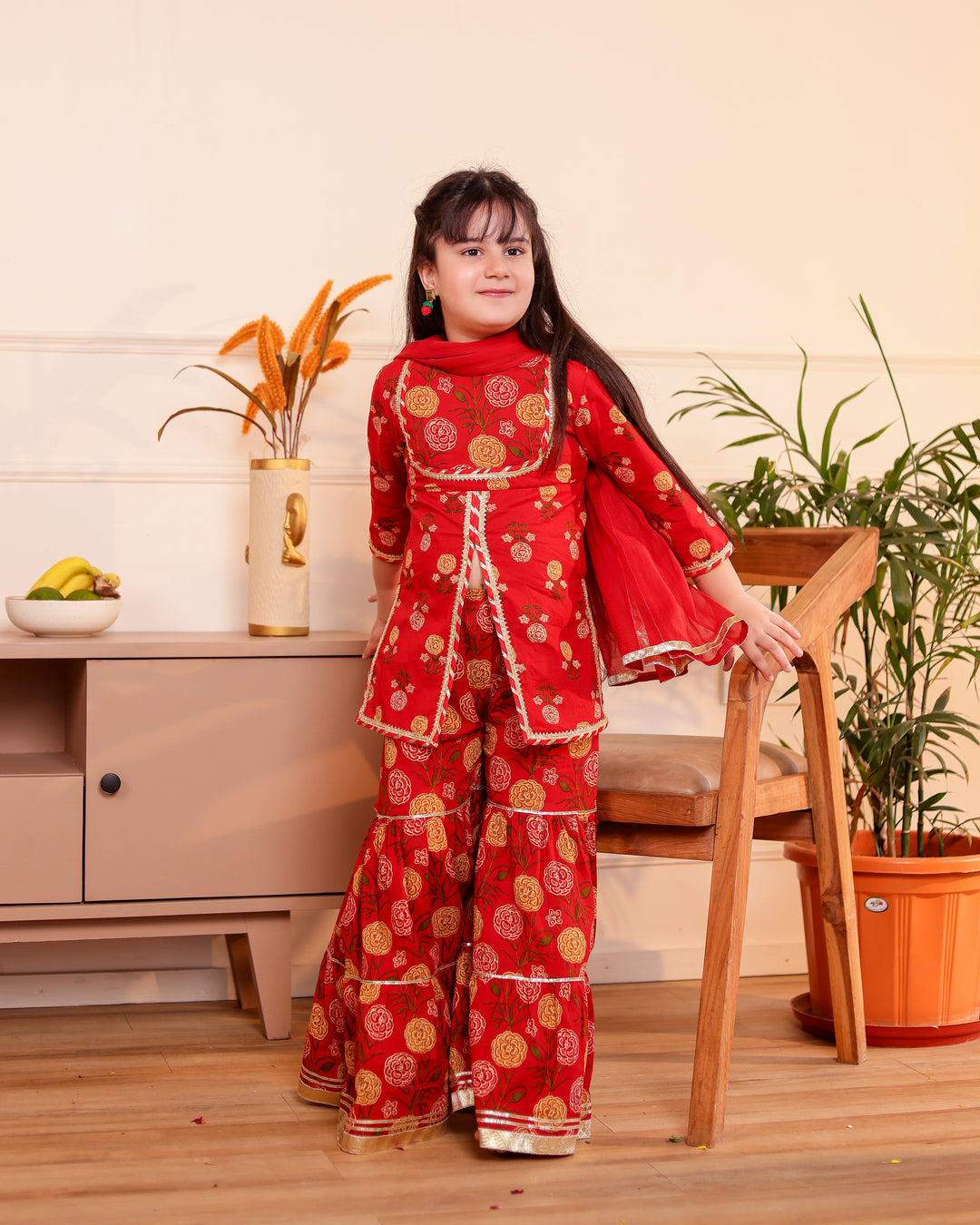 Girls Red Floral Printed Front-Slit Kurti & Tiered Sharara Set with Dupatta (Set of 3)